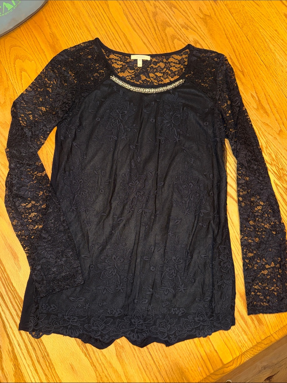 Maurices Black Lace Long-Sleeve Top with Embellished Neckline
